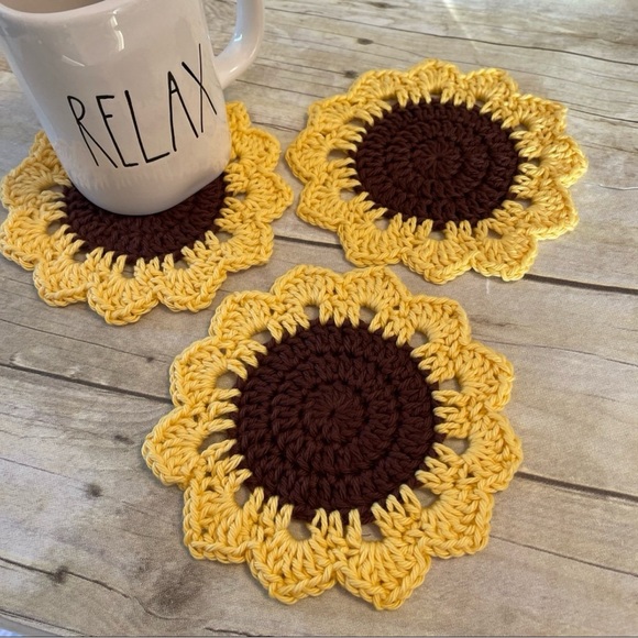 Set of Three Brown Centered Sunflowers Doilies/Coasters 6 Inches With Petals - Picture 3 of 7
